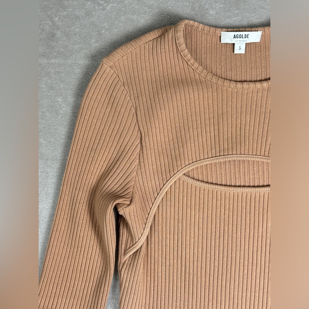 Agolde Women's Top Size Small Tan Neutral Lyza Cut Out Rib Top Classic - Picture 7 of 10